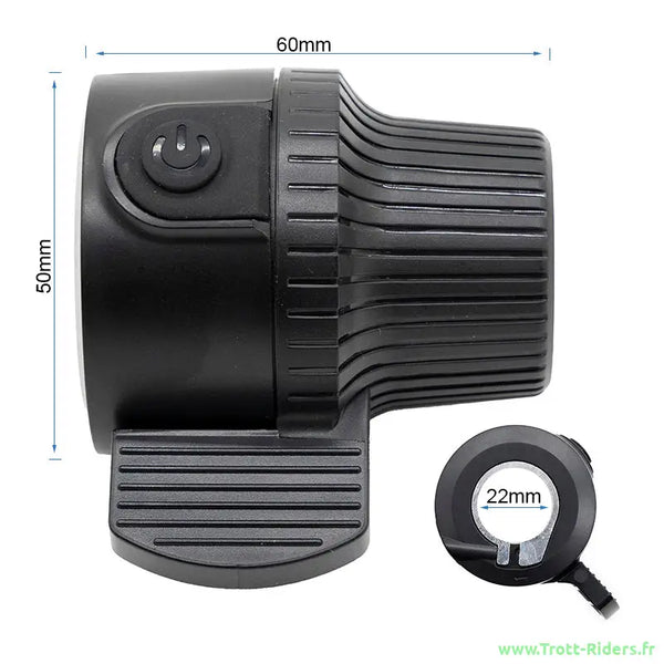 Phare électrique noir pour vélo avec dimensions, compatible avec Accélérateur Kukirin bouton de démarrage