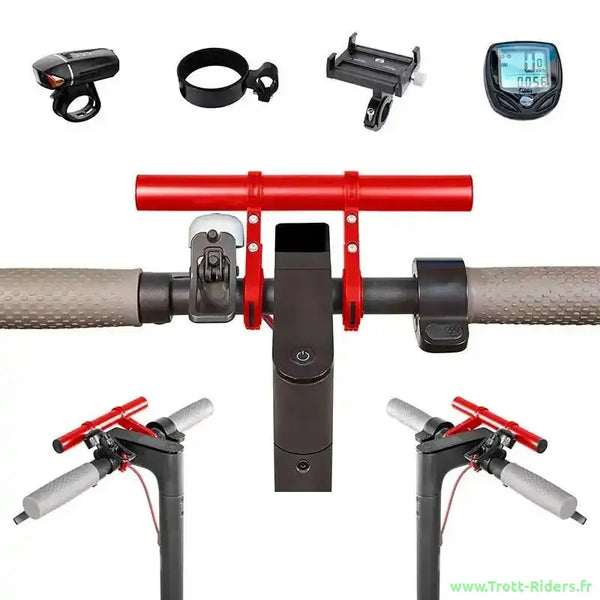 Photo du rallonge guidon aluminium anodisé pour trottinette électrique avec accessoires, accès couleurs disponibles