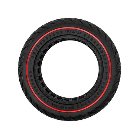Pneu plein increvable 10x2,125 vue de face avec marquage dimensionnel et bande rouge