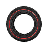 Pneu plein increvable 10x2,125 vue de face avec marquage dimensionnel et bande rouge