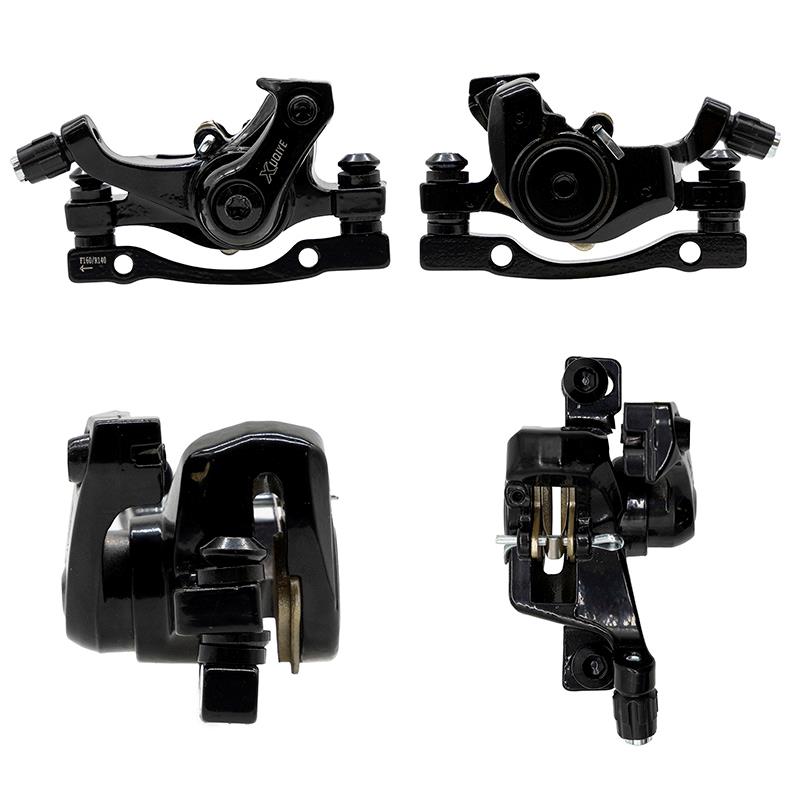 Étrier de frein mécanique arrière Kukirin G2 Master / Smartgyro Ryder — 4 angles : profils gauche/droit, vue de face et intérieur montrant les plaquettes.