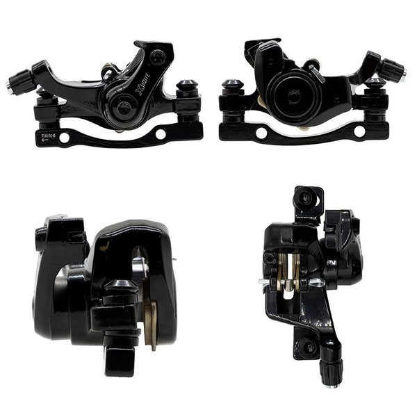 Étrier de frein mécanique arrière Kukirin G2 Master / Smartgyro Ryder — 4 angles : profils gauche/droit, vue de face et intérieur montrant les plaquettes.