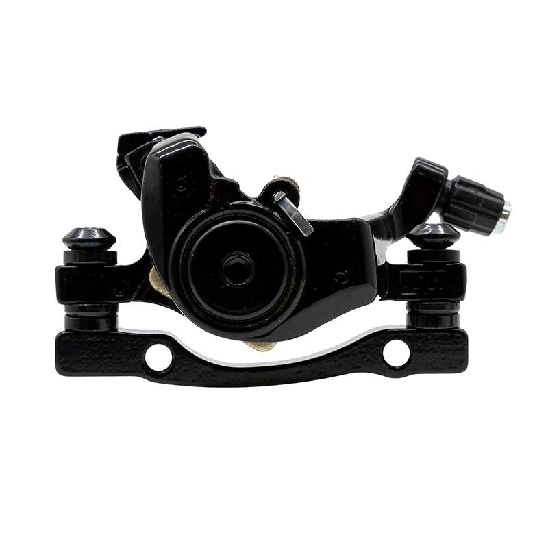 Étrier frein arrière Kukirin G2 Master — vue de face : trous de fixation platine, mécanisme came, embout câble et molette de réglage tension.
