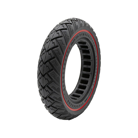 Pneu plein increvable 10x2,125 pour trottinette électrique vue 3/4 noir bande rouge