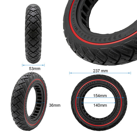 Pneu plein 10x2,125 dimensions annotées 237mm diamètre 53mm largeur vues multiples