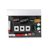 Vue dessus PCB contrôleur — 3 bornes phases moteur, DIP switch 1-2 ON, composants électroniques