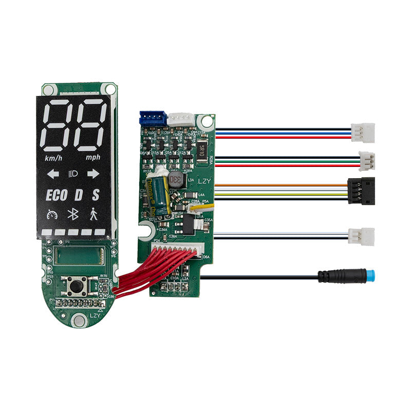 Gros plan display PCB Ninebot Max G2 — affichage 7 segments, modes ECO/D/S/Bluetooth, faisceau fils JST