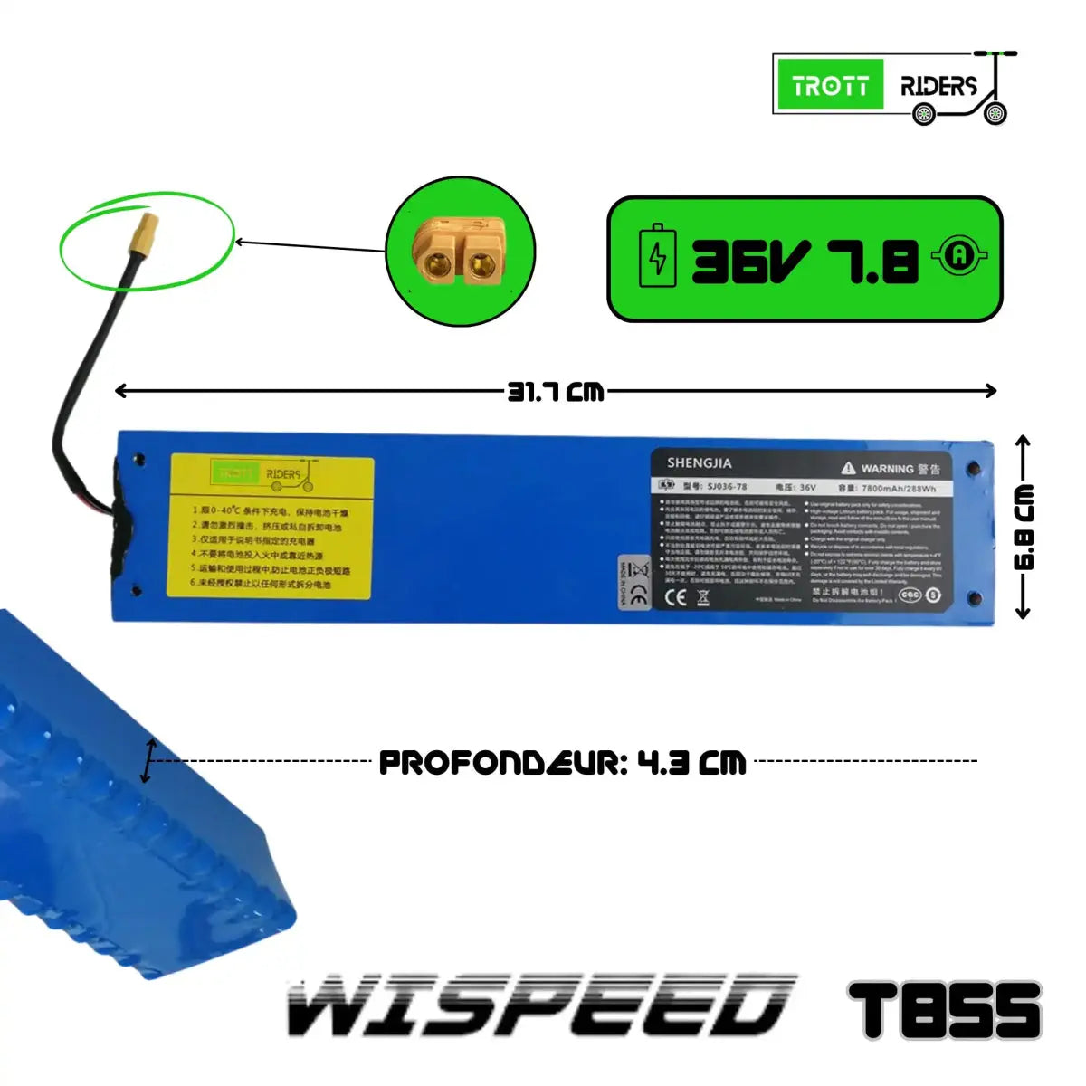 Batterie 36V 7,8Ah Wispeed T855 - Trott-Riders