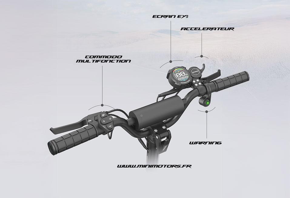 Guidon de la Rovoron R7 V2 avec écran EY3 connecté, clignotants et klaxon