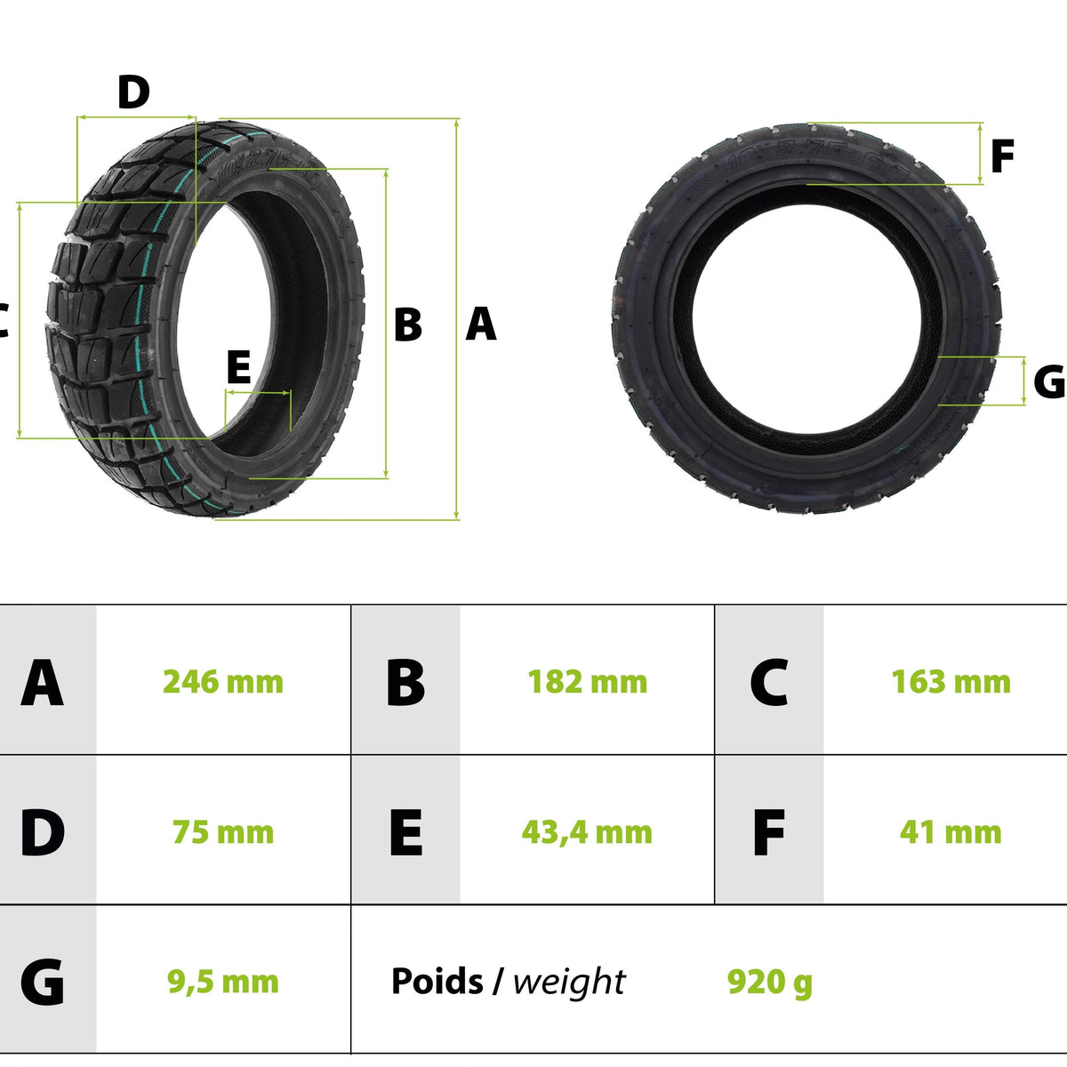 Schéma dimensions pneu 10x2.75-6.5 - Diamètre extérieur 246mm, jante 6.5 pouces (163-165mm), largeur 75mm - Compatible Urbanglide Dualtron
