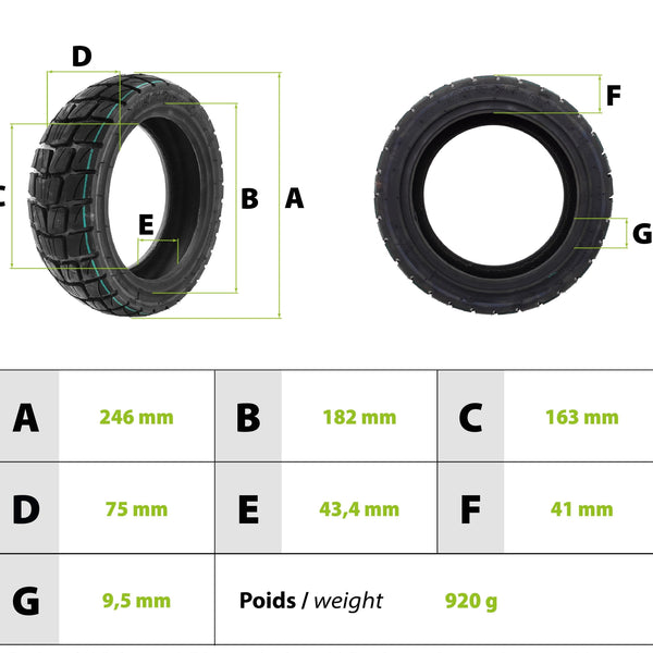Schéma dimensions pneu 10x2.75-6.5 - Diamètre extérieur 246mm, jante 6.5 pouces (163-165mm), largeur 75mm - Compatible Urbanglide Dualtron
