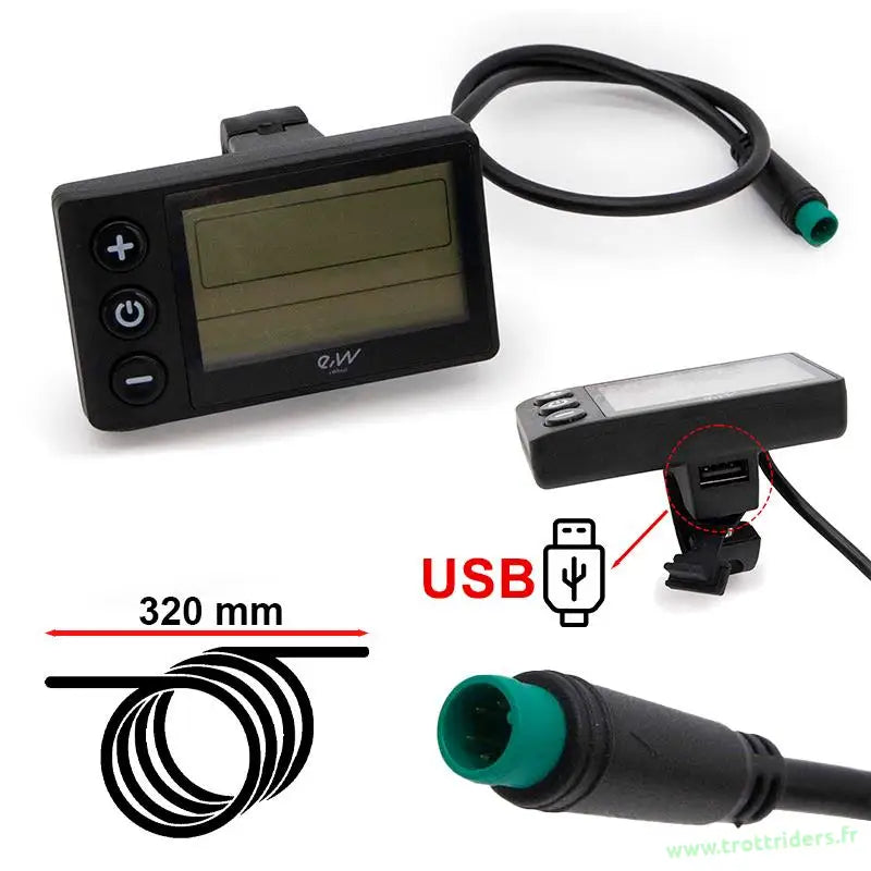 Afficheur noir vélo électrique avec port USB et câble coiled, pièces détachées trottinette électrique livraison rapide