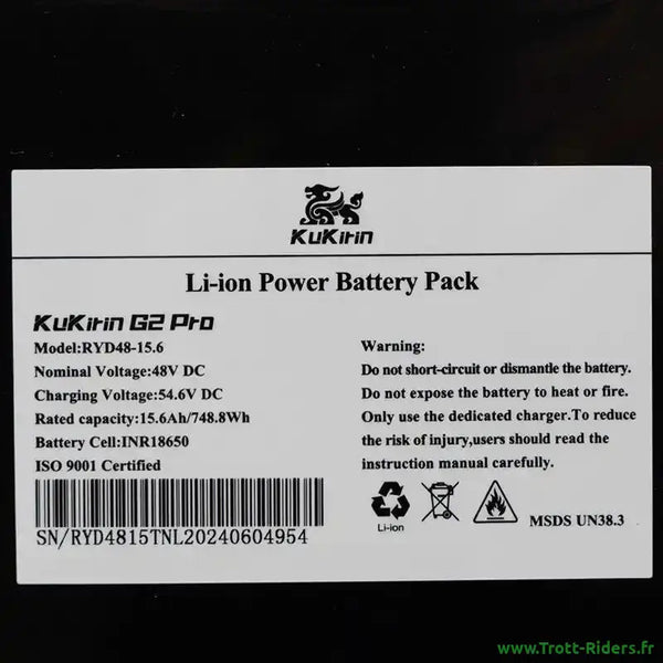 Batterie Kukirin G2 Pro Li-ion pour le modèle Kukirin G2 Pro, version pro