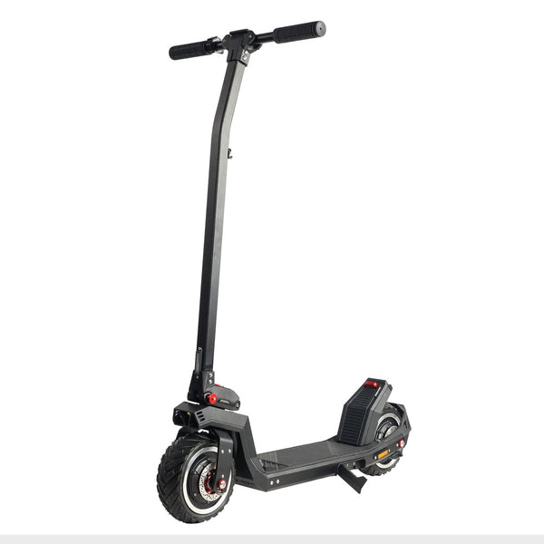 Dualtron Sonic Pro — vue arrière trois quarts avec pédale de frein au pied
