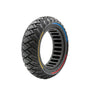 Pneu plein trottinette 10x2,75 tricolore vue 3/4 — bandes bleu jaune rouge, sculptures tout-terrain zigzag
