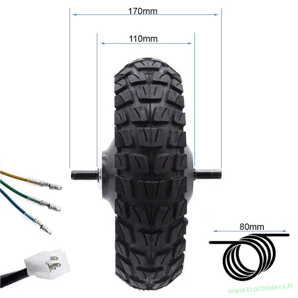 Photo du moteur trottinette 48V 800W avec pneu tout-terrain tubeless, dimensions visibles