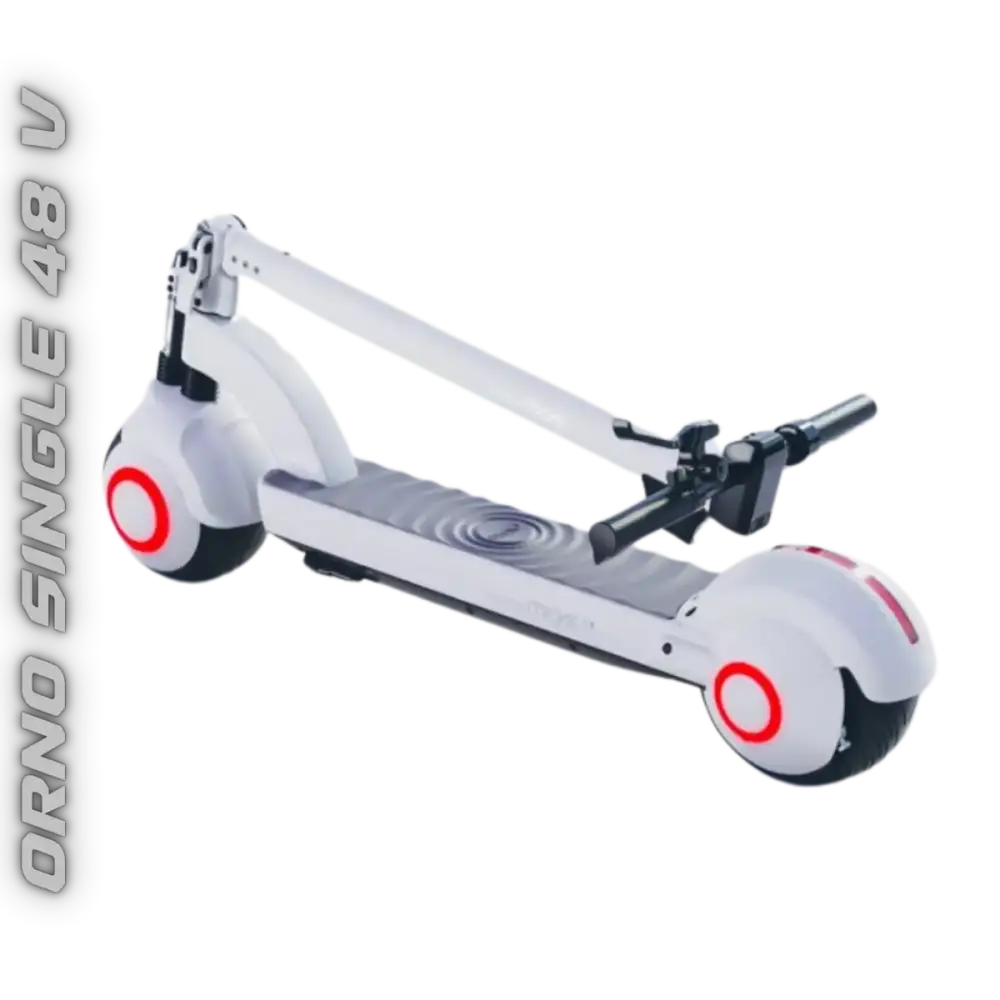 Trottinette électrique Orno Single 48V blanche avec accents rouges, idéale pour liberté urbaine